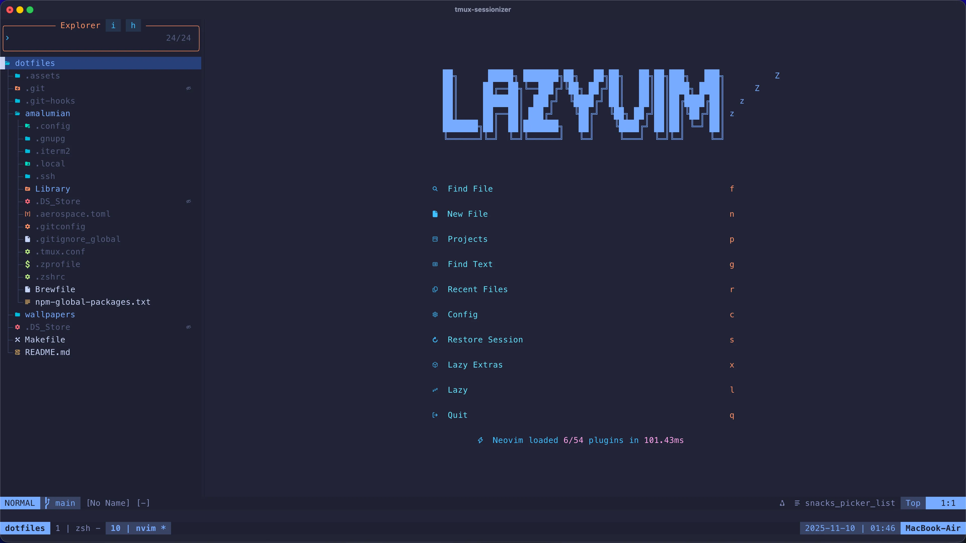 Post cover: LazyVim start screen using the TokyoNight theme, showing a minimal dotfiles setup with the file explorer and dashboard options.